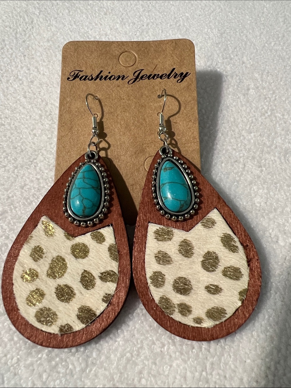 3/$18 Turquoise Teardrop Wood Earrings with Gold Leopard Accent  Lot 2175